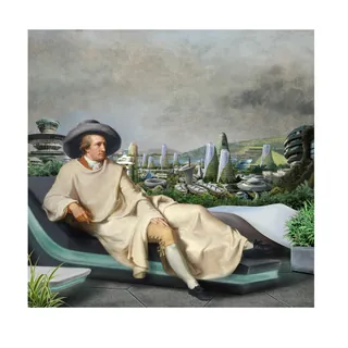Person in historical clothing reclining with futuristic towers and greenery