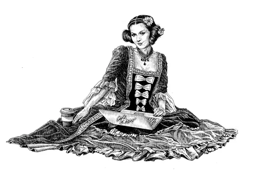 Woman in historical dress sitting on floor with flowing skirt