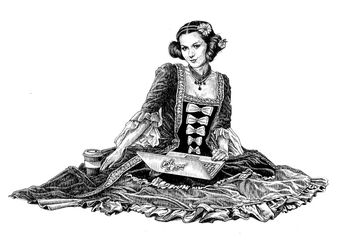 Woman in historical dress sitting on floor with flowing skirt