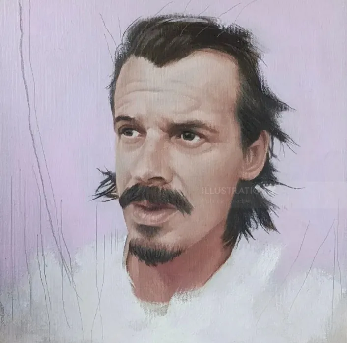 Portrait of a man with dark hair, mustache, and goatee on purple background