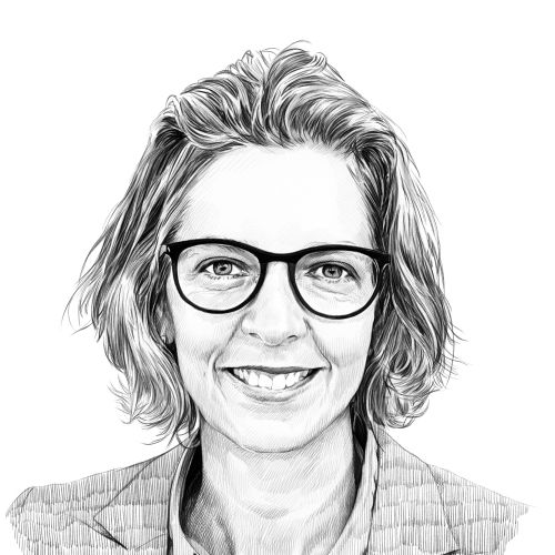 Pencil sketch of smiling woman with glasses and blazer