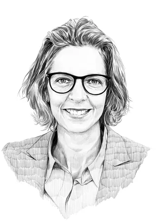 Pencil sketch of smiling woman with glasses and blazer