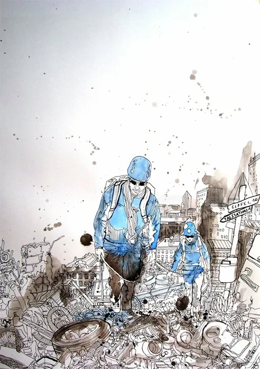 Urban city scene with two figures walking, sketch by Patrick Rosche