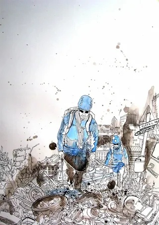 Urban city scene with two figures walking, sketch by Patrick Rosche