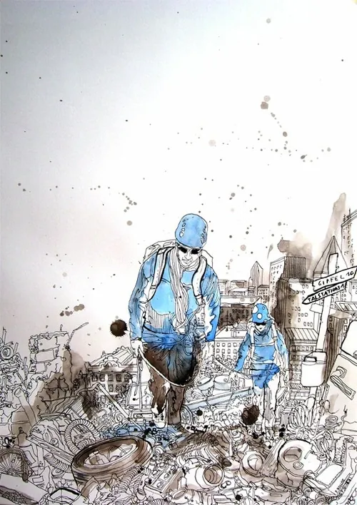 Urban city scene with two figures walking, sketch by Patrick Rosche
