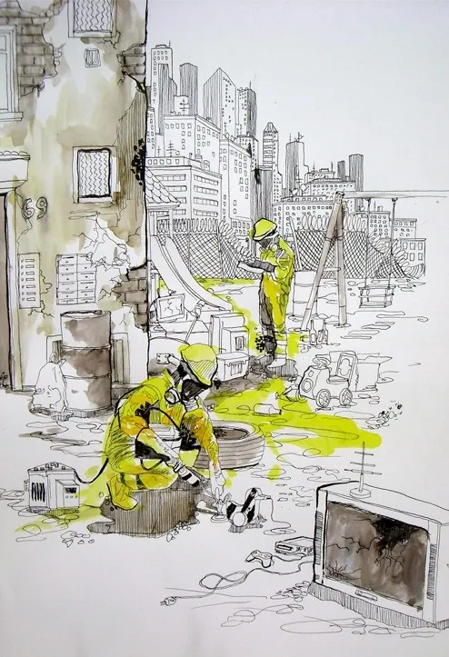 Urban cleanup workers in yellow suits cleaning debris, artwork by Patrick Rosche