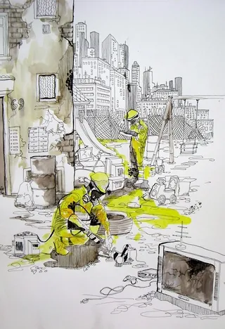 Urban cleanup workers in yellow suits cleaning debris, artwork by Patrick Rosche