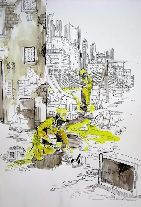 Urban cleanup workers in yellow suits cleaning debris, artwork by Patrick Rosche