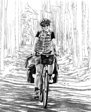 Gente mujer en bicicleta en el bosque
