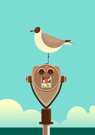 Computer Generated Bird siting on binoculars
