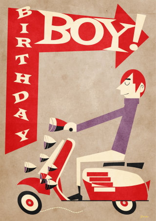 スクーターに乗った誕生日の男の子のグリーティングカードアート