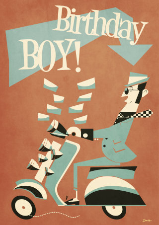 骑滑板车的生日男孩贺卡艺术
