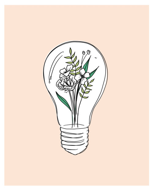 Line art of flowers inside light bulb
