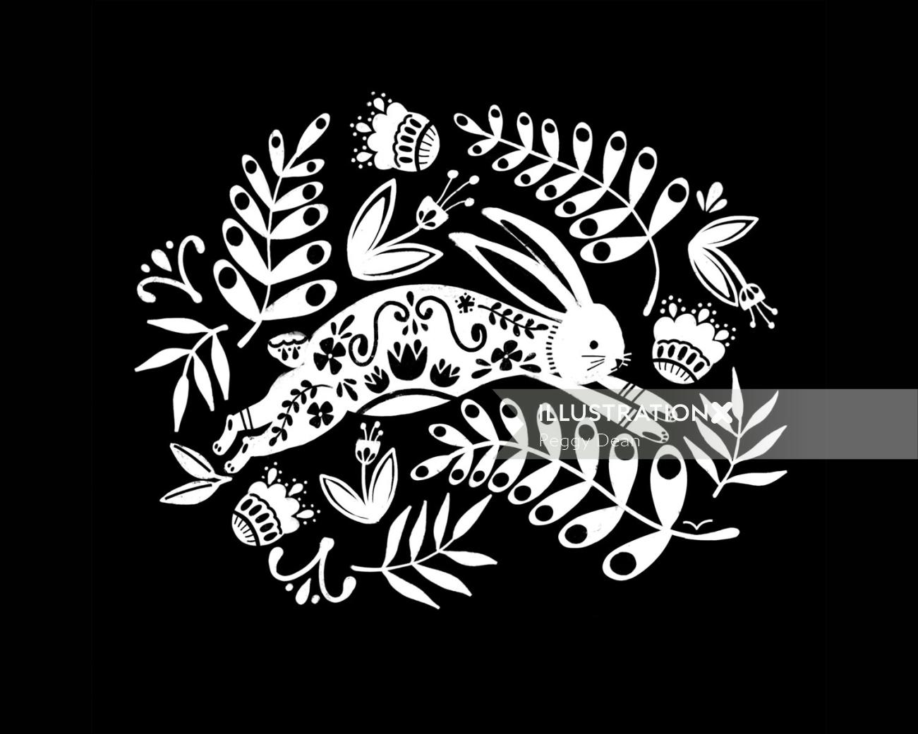 Ilustración en blanco y negro de conejo