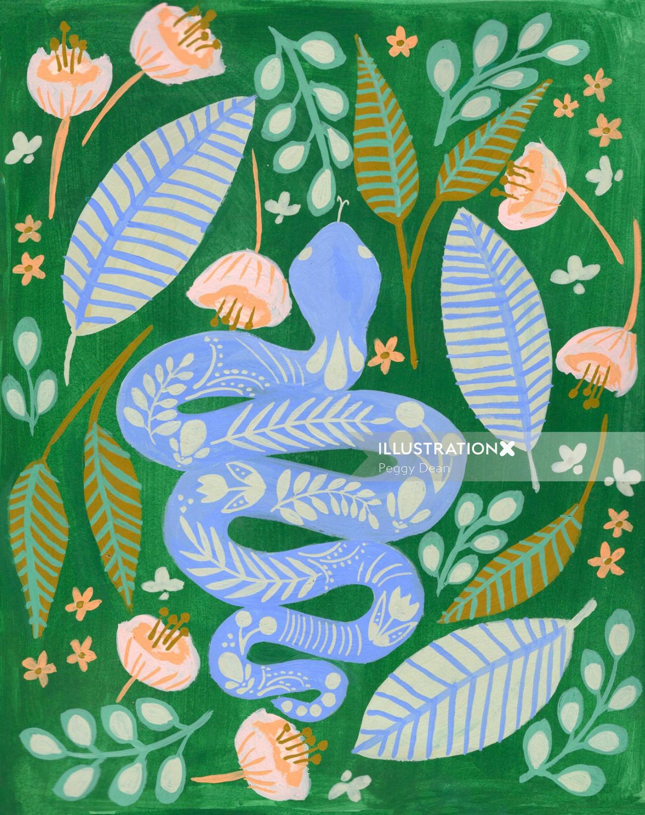 Ilustración de gouache de serpiente por Peggy Dean
