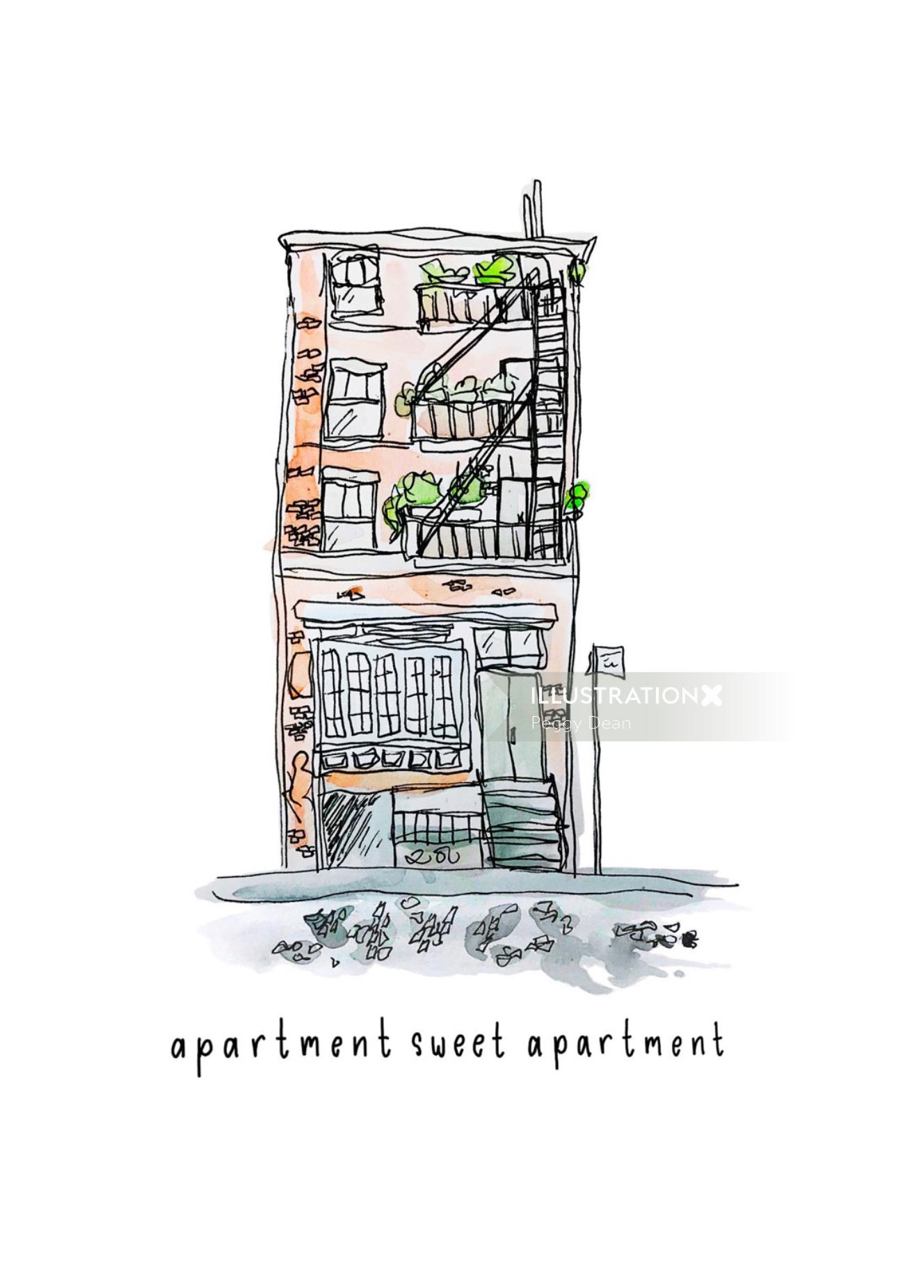 Apartment sweet apartment watercolor drawing 