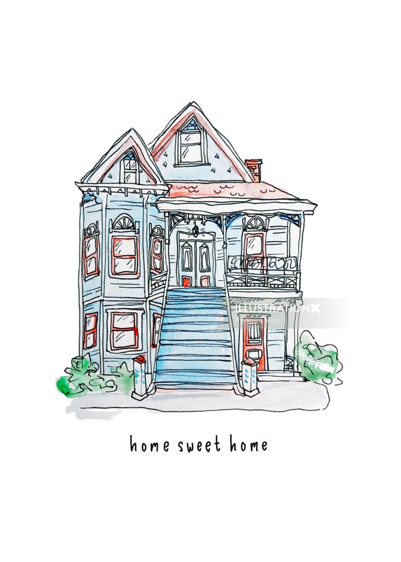 Watercolor drawing of Home sweet home 