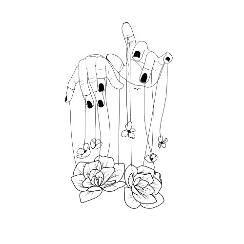 Dessin au trait graphique des mains avec des fleurs