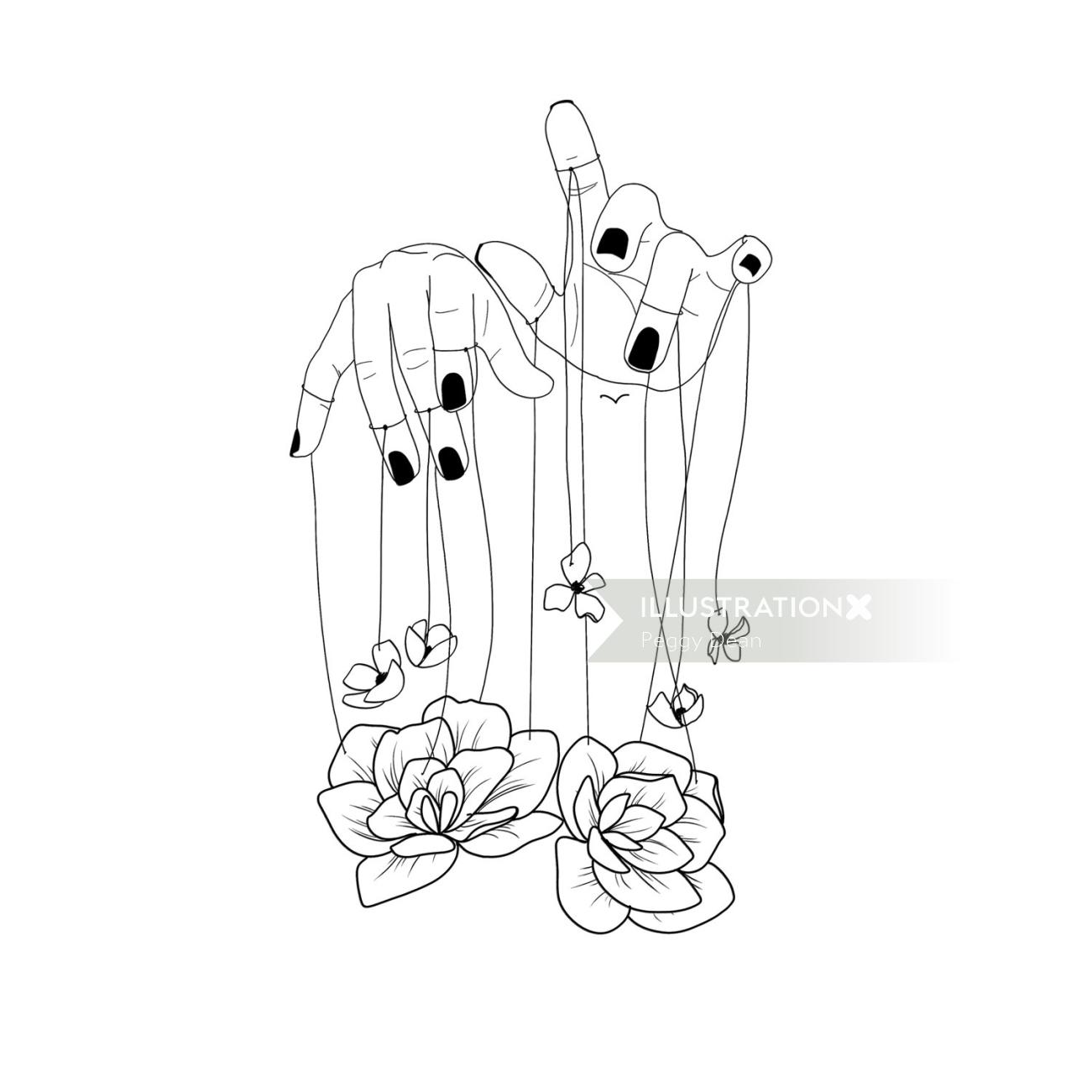 Graphic line art of hands with flowers
