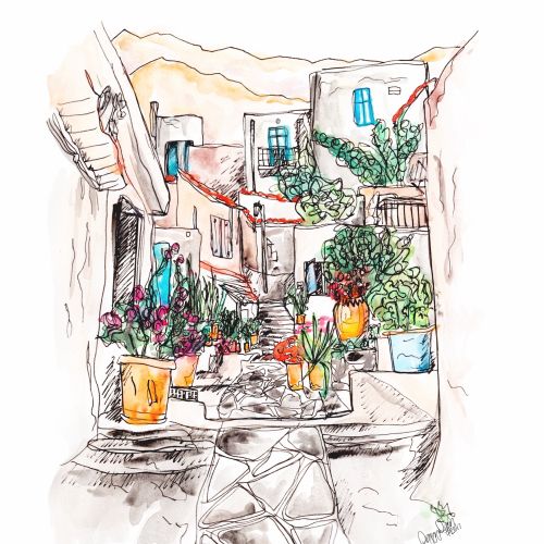 Drawing of flower pots in the street 