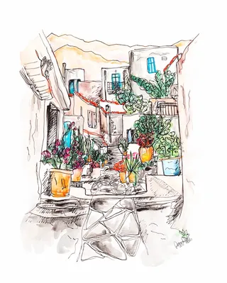 Drawing of flower pots in the street 