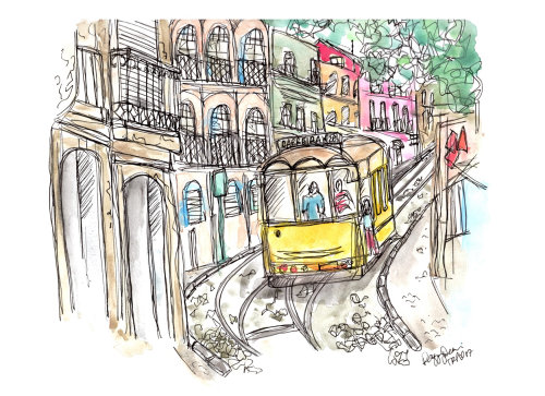 Ilustração de um trem antigo tradicional descendo a rua