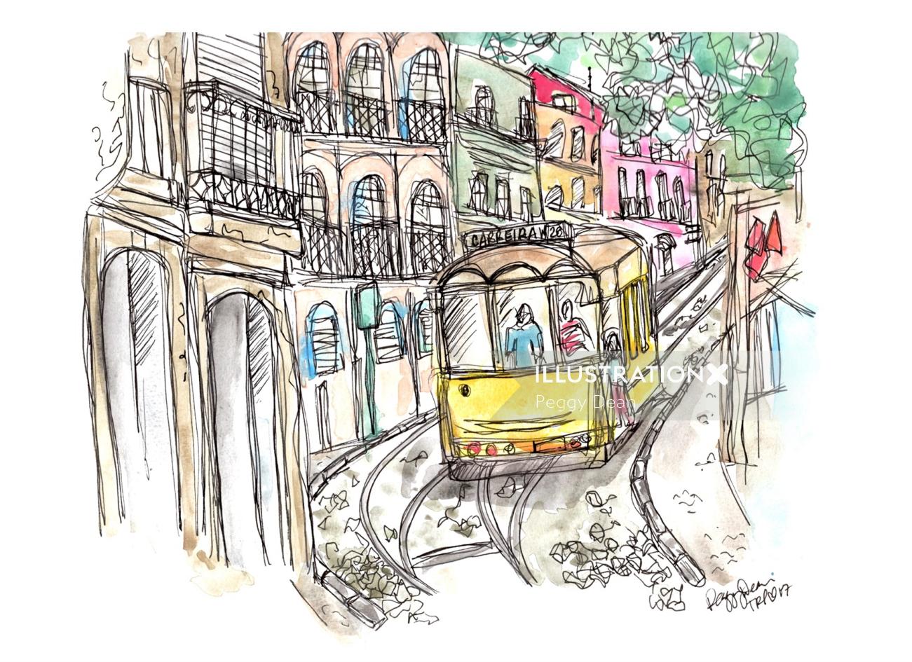 Ilustración de un viejo tren tradicional moviéndose por la calle