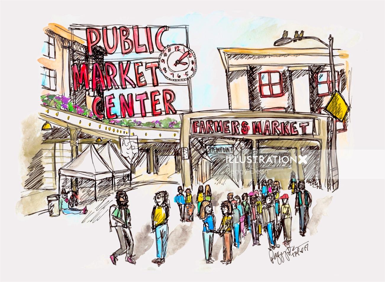 Dibujo del centro de mercado público