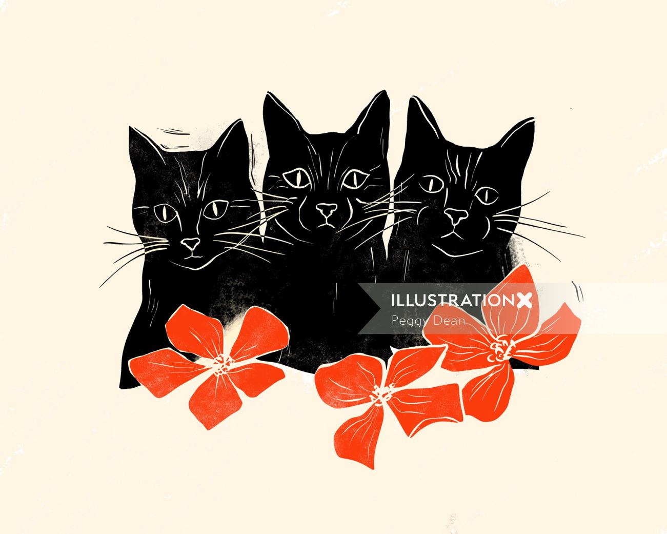 Black cat trio with woodcut feel