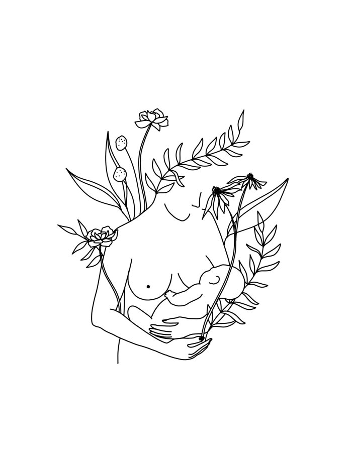 Line drawing of mother breastfeeding surrounded by nature
