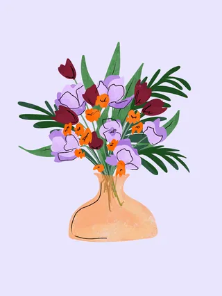 Colorful flower bouquet in a peach vase by Peggy Dean