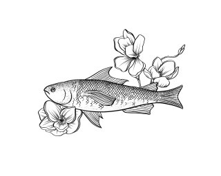 Arte lineal de peces con flores.