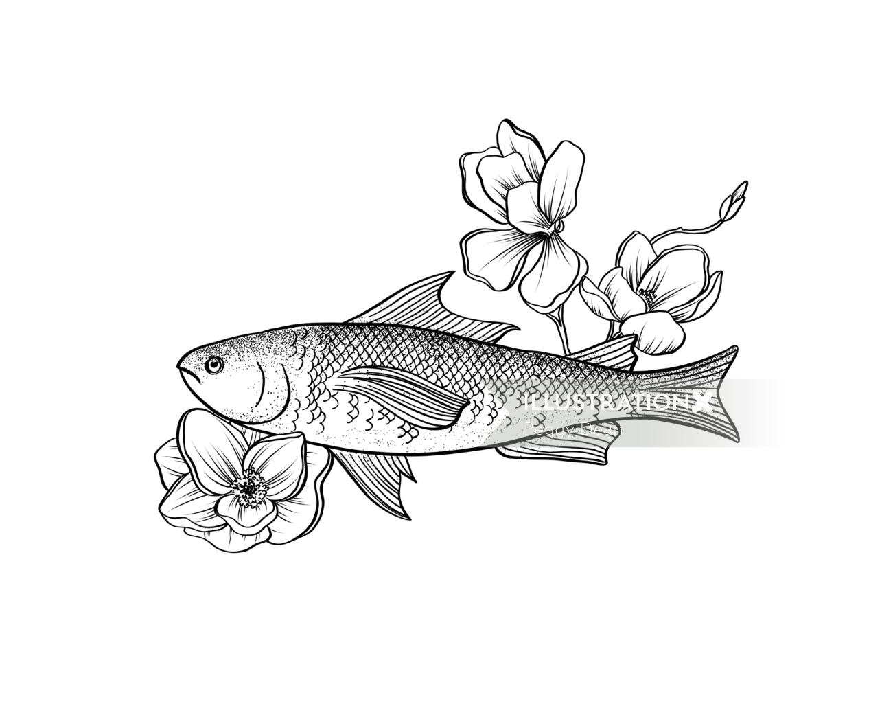 Arte lineal de peces con flores.