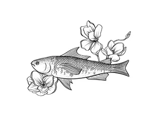 Line art of fish with flowers