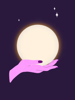 Pink hand holding a glowing moon with stars by Peggy Dean