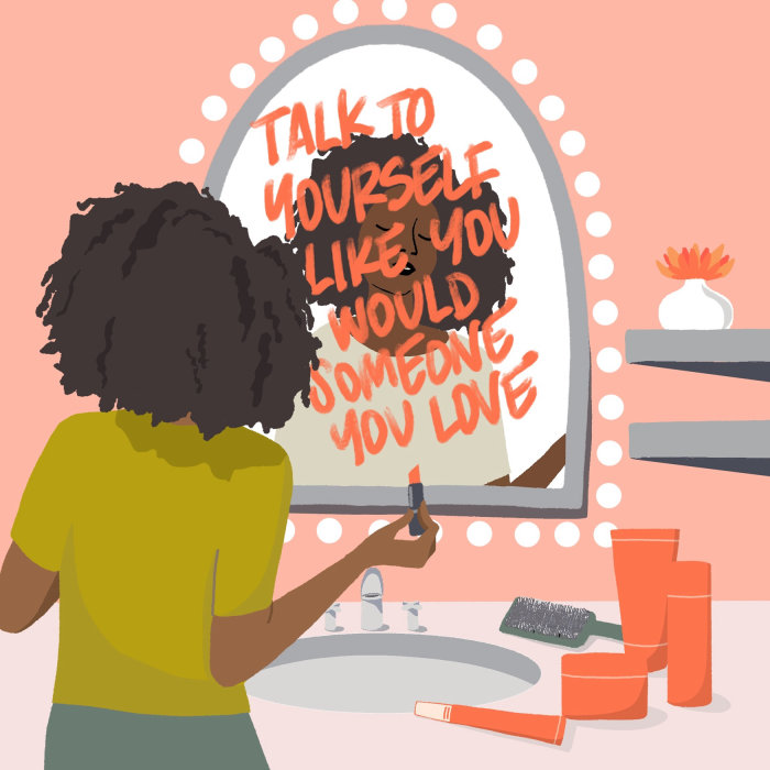 Lettering of Talk Yourself on mirror