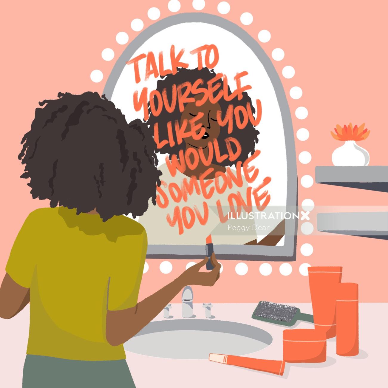 Lettering of Talk Yourself on mirror