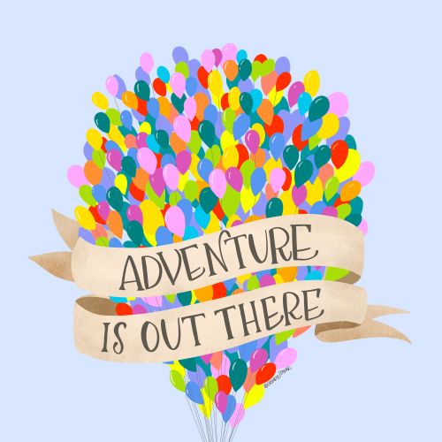 House lifted by colorful balloons with banner reading Adventure Is Out There by Peggy Dean