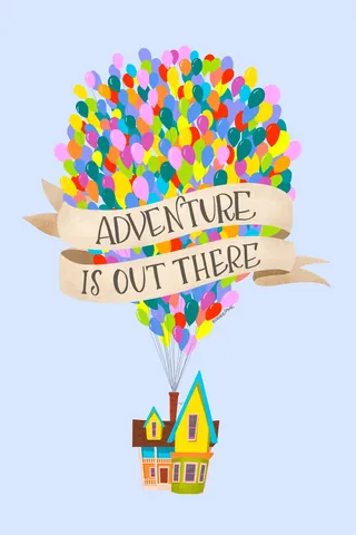 House lifted by colorful balloons with banner reading Adventure Is Out There by Peggy Dean
