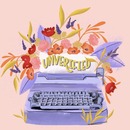 Lavender typewriter with flowers and the word Unverified by Peggy Dean