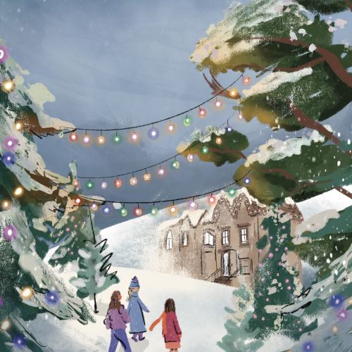 Winter forest scene with children and colorful lights by Peggy Dean