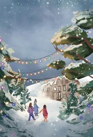 Winter forest scene with children and colorful lights by Peggy Dean