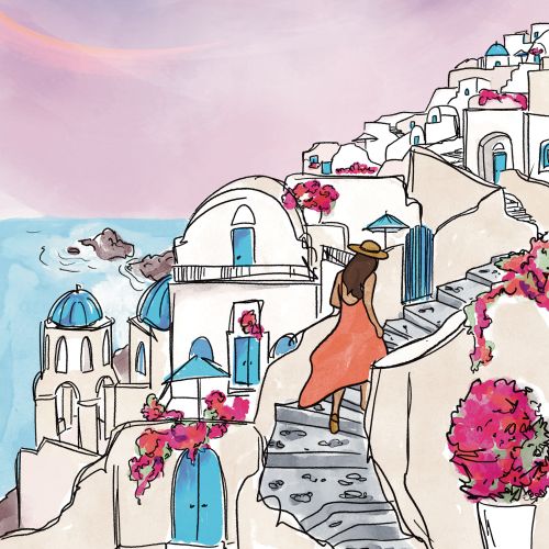 Fine line and color artwork of Santorini island