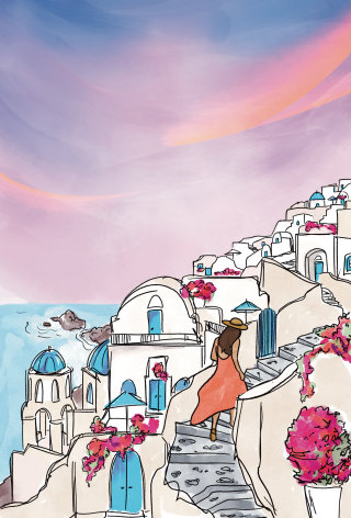 Fine line and color artwork of Santorini island