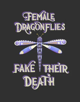 Purple female dragonfly with text 'Female Dragonflies Fake Their Death' by Peggy Dean