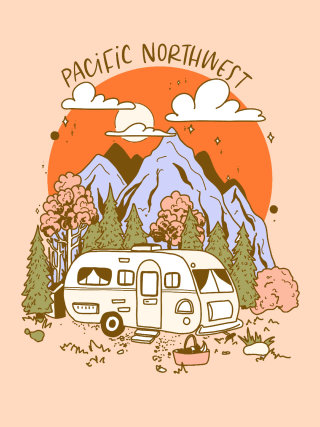 Sticker art of "Camping in the Pacific Northwest"