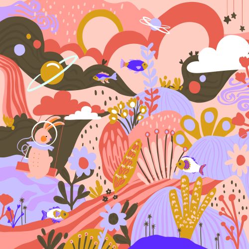 Abstract colorful nature illustration with plants and birds by Peggy Dean