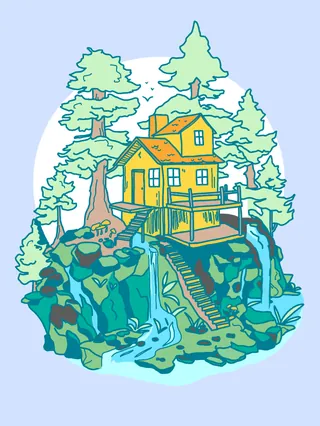 Wooden cabin near rocky creek with trees, illustration by Peggy Dean