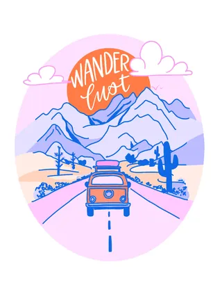 Vintage van driving on road towards mountains with 'Wanderlust' text by Peggy Dean