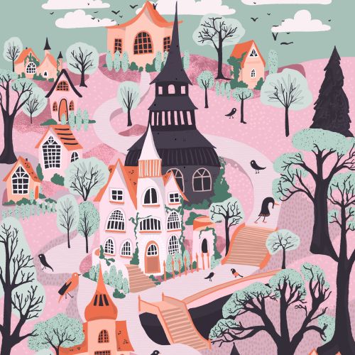 Illustration of a pastel-colored village with various houses and leafless trees